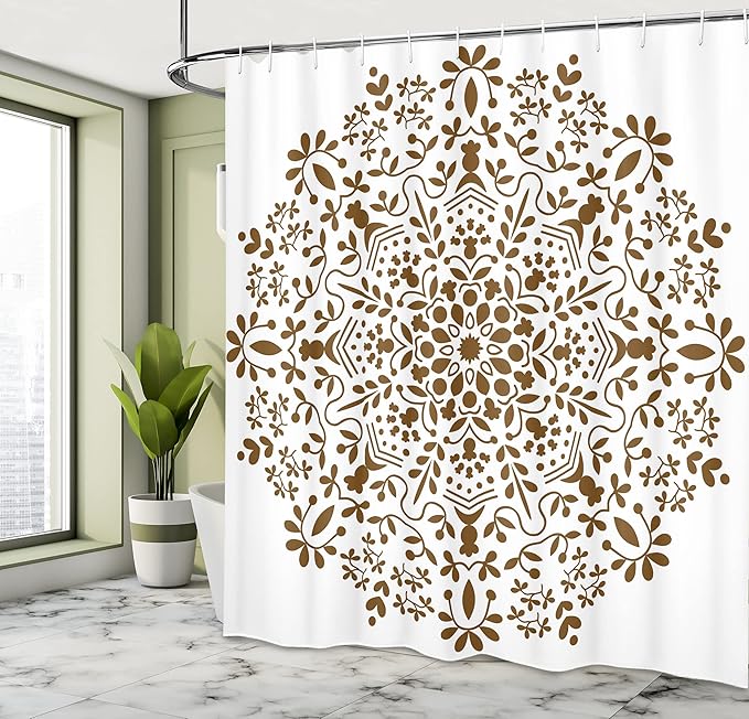 Ambesonne Mandala Shower Curtain, Abstract Art Style Vector Illustration of Mandala Flower on White Background, Cloth Fabric Bathroom Decor Set with Hooks, 69" W x 70" L, Brown and White