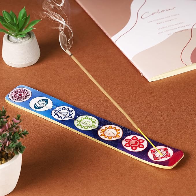 Bless-International Traditional-Handmade-Burner Wooden-Incense-Stick-Holder Ash-Catcher-Stand for-Aromatherapy-Meditation-Yoga (Seven Chakkra) 10 Inches, Pack of 2
