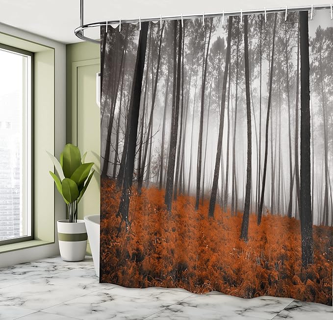Ambesonne Forest Shower Curtain, Mystical Fantasy Woodland Under Heavy Fog Tall Trees Bushes Contrast Colors, Cloth Fabric Bathroom Decor Set with Hooks, 69" W x 70" L, Ginger Black