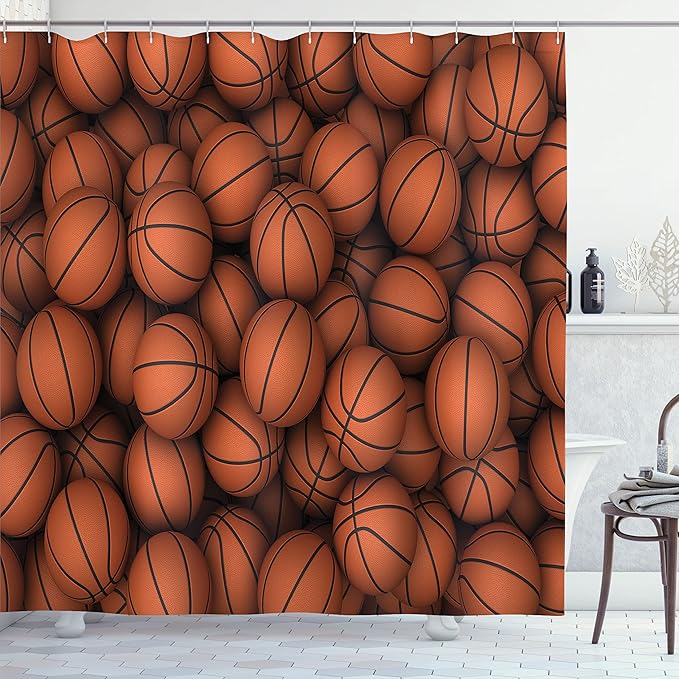 Ambesonne Sports Shower Curtain, Basketballs Graphic Slam Practice Athletic Events and Hobby Concept Digital Look Illustration, Cloth Fabric Bathroom Decor Set with Hooks, 69" W x 75" L, Orange Black