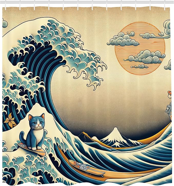 Ambesonne Funny Shower Curtain, Classic Japanese Waves Illustration Featuring Surfing Happy Cat Boho Asian, Cloth Fabric Bathroom Decor Set with Hooks, 69" W x 84" L, Sand Brown Sea Blue