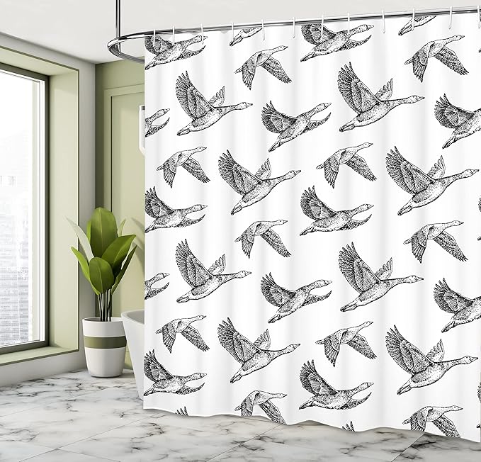 Ambesonne Geese Shower Curtain, Flying Geese Wings with Drawing Effect Wildlife Illustration Vintage Pattern Print, Cloth Fabric Bathroom Decor Set with Hooks, 69" W x 70" L, Charcoal White