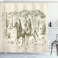 Ambesonne Western Shower Curtain, Country Theme Hand Drawn Illustration of American Wild West Desert with Cowboys, Cloth Fabric Bathroom Decor Set with Hooks, 69" W x 70" L, Cream Khaki