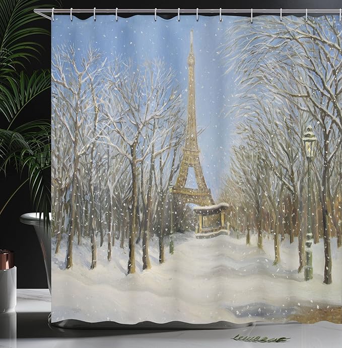 Ambesonne Country Shower Curtain, Winter Scene of Historical Eiffel Tower in Paris Snowy City Europe Urban View, Cloth Fabric Bathroom Decor Set with Hooks, 69" W x 70" L, White Blue Grey