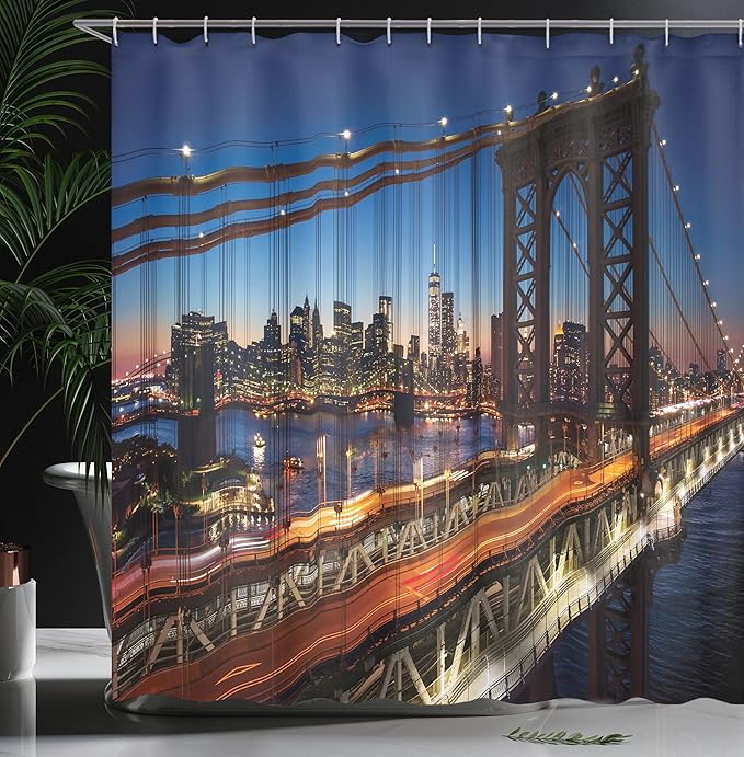 Ambesonne NYC Shower Curtain, Sunset at Brooklyn Bridge River Famous Touristic Attractions Large Modern, Cloth Fabric Bathroom Decor Set with Hooks, 69" W x 75" L, Orange Night