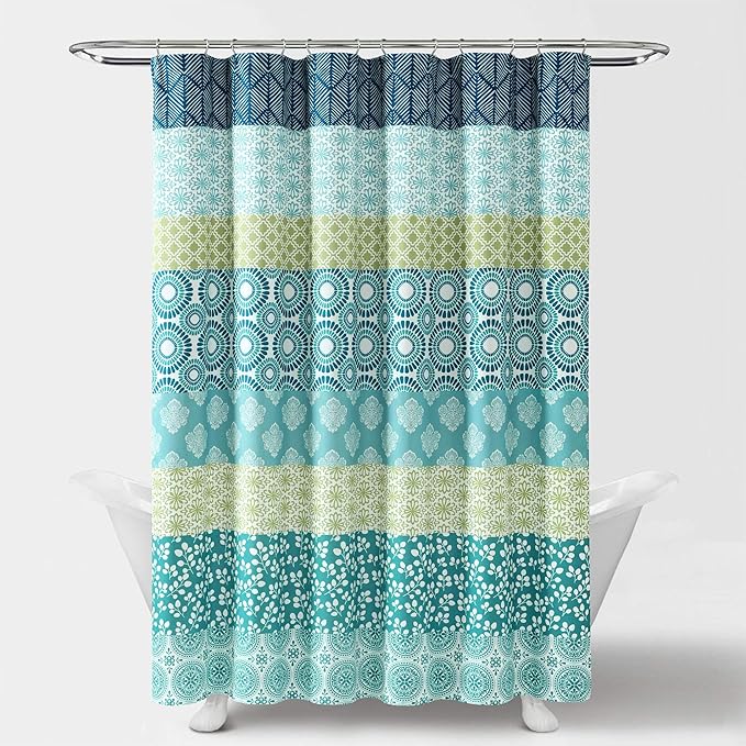 Lush Decor Bohemian Stripe Shower Curtain 72" W x 72" L Blue & Green - Bathroom Curtain - Striped Shower Curtain - Boho Decor - Fabric Shower Curtains