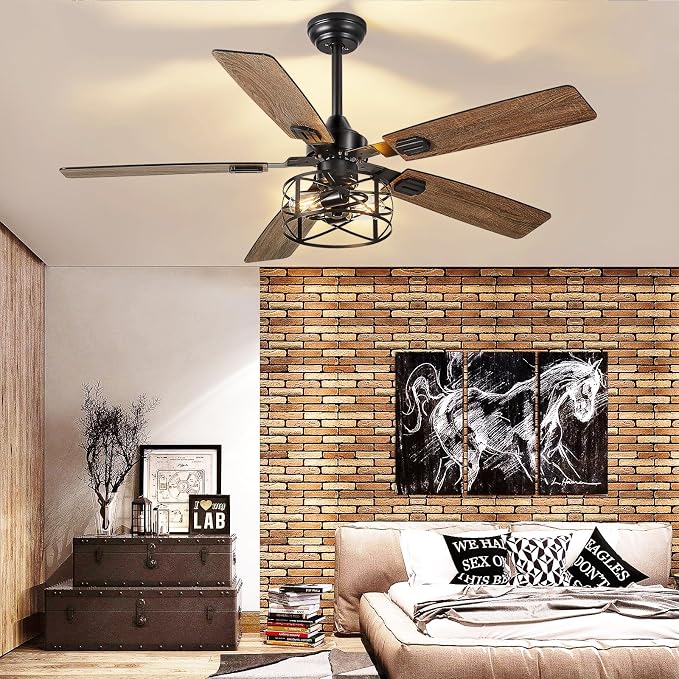 Depuley 52-Inch Ceiling Fans with Lights: Caged Ceiling Fans Dual Finish 5 Blades - Rustic Ceiling Fan with Remote Control for Farmhouse Living Room Outdoor Porch Noiseless (Black Walnut)