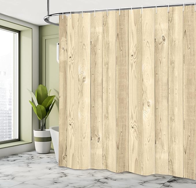 Ambesonne Rustic Shower Curtain, Picture of Smooth Oak Wood Texture in Old Fashion Retro Horizontal Nature Design, Cloth Fabric Bathroom Decor Set with Hooks, 69" W x 70" L, Pale Yellow