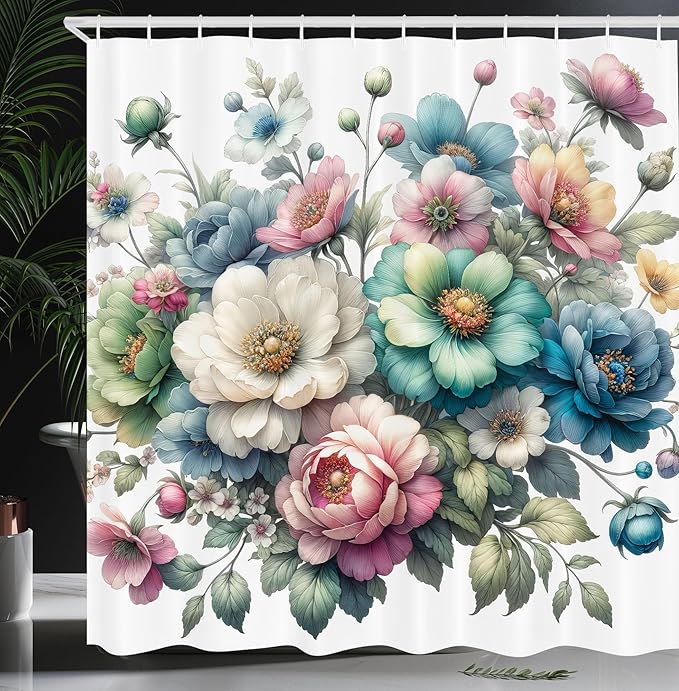 Ambesonne Floral Shower Curtain, Whimsical Cottagecore Colorful Peony Flowers Arrange on Plain Backdrop, Cloth Fabric Bathroom Decor Set with Hooks, 69" W x 70" L, Coconut Teal Multicolor