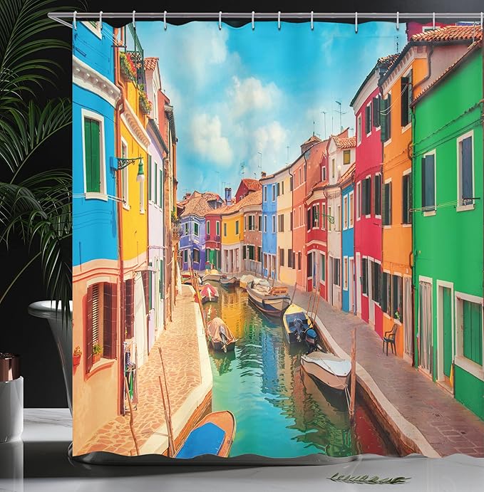 Ambesonne Venice Shower Curtain, Colorful Buildings and Water Canal with Boats Burano Island in The Venetian Lagoon, Cloth Fabric Bathroom Decor Set with Hooks, 69" W x 75" L, Blue Multicolor