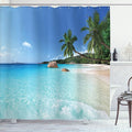 Ambesonne Ocean Shower Curtain, ANSE Lazio Beach at Praslin Island Surfing Beach Scenic View Travel, Cloth Fabric Bathroom Decor Set with Hooks, 69" W x 84" L, Blue Turquoise