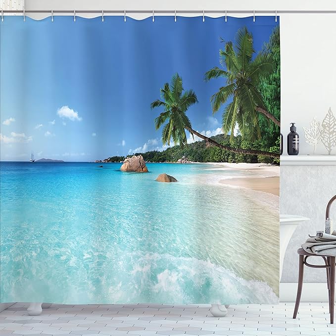 Ambesonne Ocean Shower Curtain, ANSE Lazio Beach at Praslin Island Surfing Beach Scenic View Travel, Cloth Fabric Bathroom Decor Set with Hooks, 69" W x 84" L, Blue Turquoise