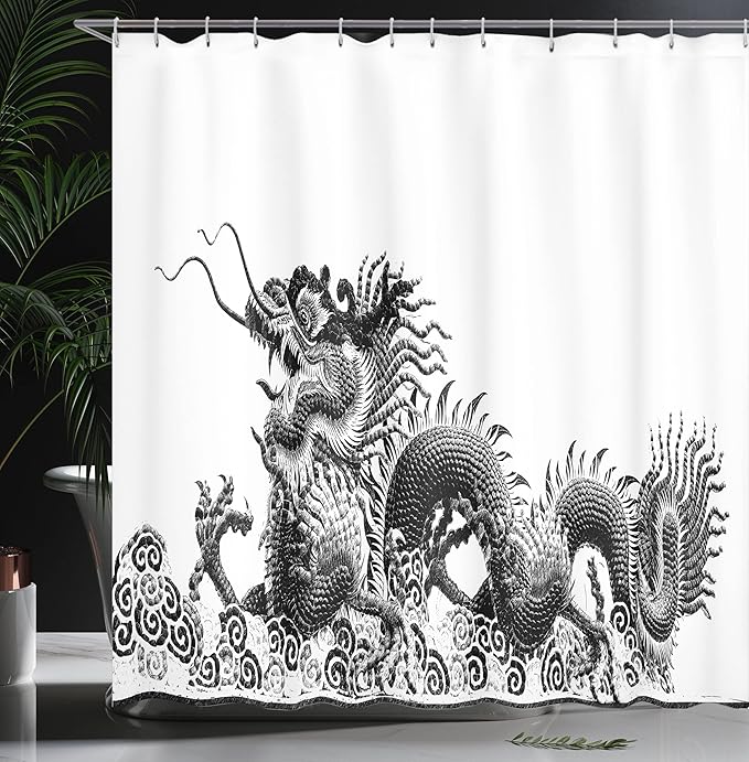 Ambesonne Dragon Shower Curtain, Traditional Chinese Dragon Symbolize Strength and Luck Powers Fantasy Graphic, Cloth Fabric Bathroom Decor Set with Hooks, 69" W x 75" L, White and Ink