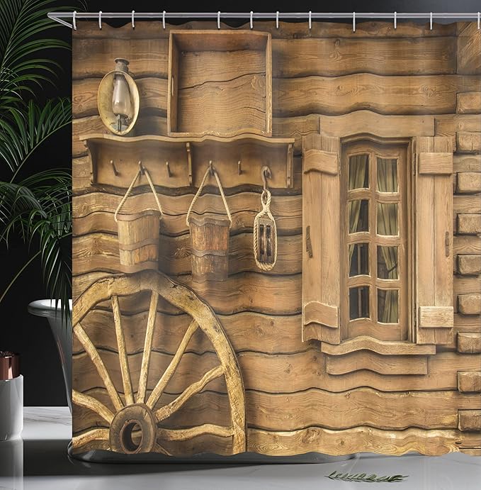 Ambesonne Western Shower Curtain, Old Wagon Wheel Next to Rustic Wooden House Vintage Window Buckets Cottage Print, Cloth Fabric Bathroom Decor Set with Hooks, 69" W x 70" L, Brown