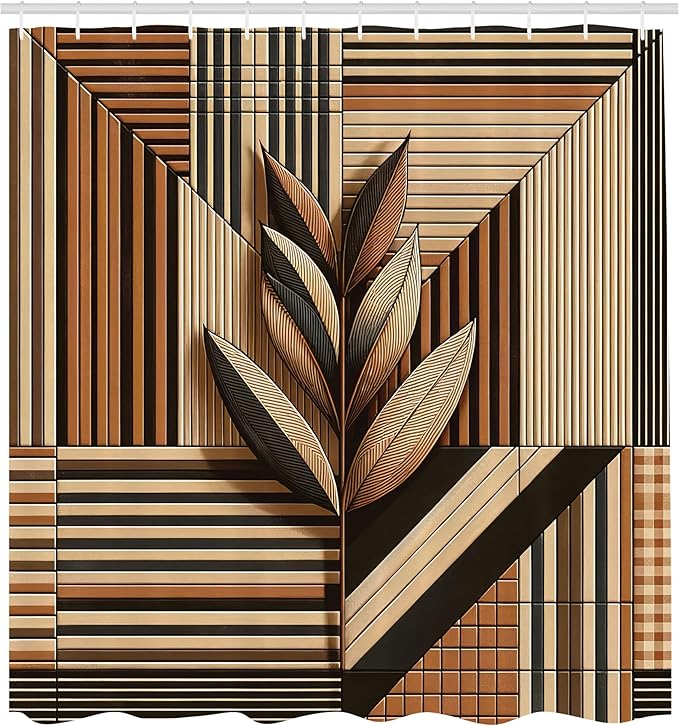 Ambesonne Neutral Shower Curtain, Leafy Branch on Abstract Stripes in Earthy Colors Boho Botanical, Cloth Fabric Bathroom Decor Set with Hooks, 69" W x 84" L, Cinnamon Dark Taupe and Beige