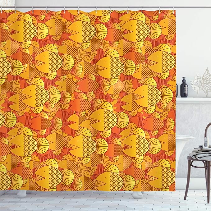 Ambesonne Burnt Orange Shower Curtain, Contemporary Tangerine Colored Illustration Group of Swimming Goldfish Random Retro Style, Cloth Fabric Bathroom Set with Hooks, 69" W x 70" L, Orange Yellow