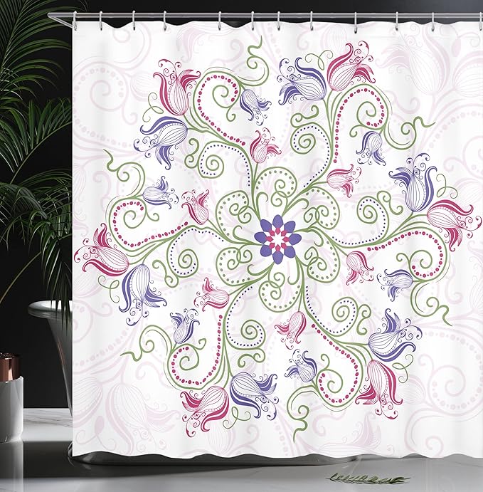 Ambesonne Mandala Shower Curtain, Round Flower Frame Design Classical Vintage Floral Art with Ottoman Tulips, Cloth Fabric Bathroom Decor Set with Hooks, 69" W x 84" L, Purple Green