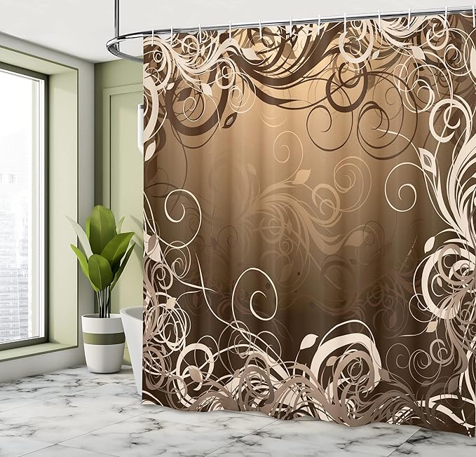 Ambesonne Abstract Shower Curtain, Mystic Forest Floral Swirls Leaves Nature Fading Ombre Effect Illustration, Cloth Fabric Bathroom Decor Set with Hooks, 69" W x 70" L, Caramel Brown