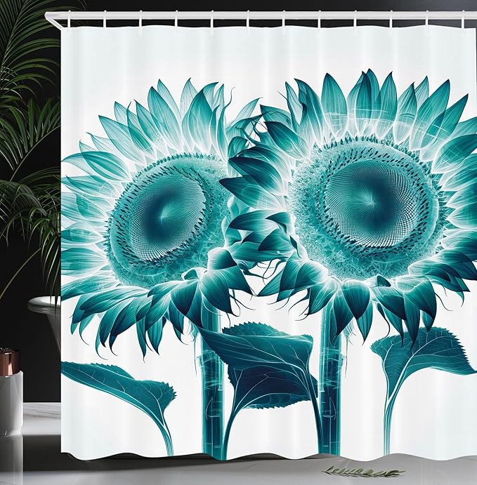 Ambesonne Teal Shower Curtain, Futurist Sunflowers Illustration with Dreamy Cyberworld Colors Fantasy, Cloth Fabric Bathroom Decor Set with Hooks, 69" W x 75" L, Seafoam Petrol Blue White