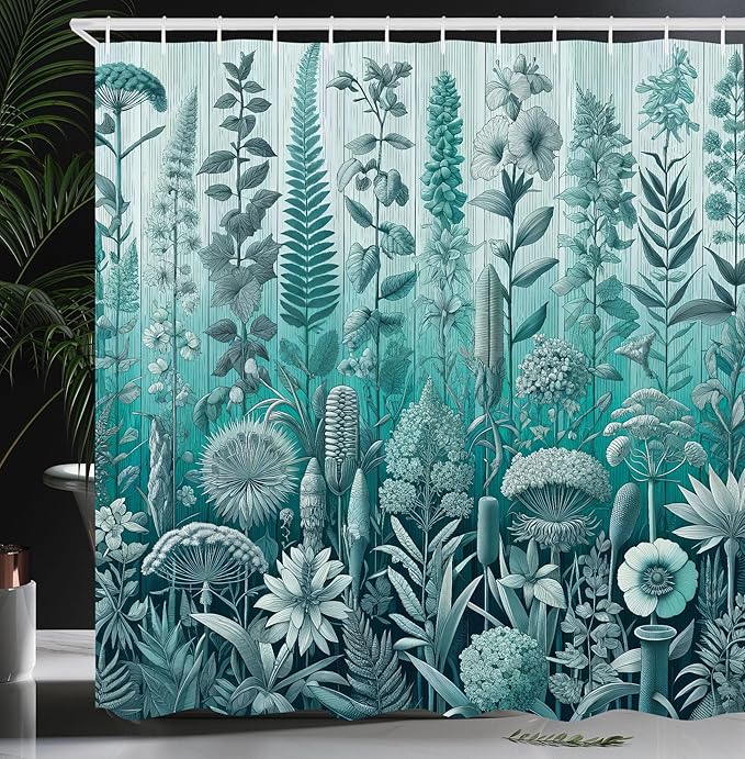 Ambesonne Turquoise Shower Curtain, Botanical Thistle Lavender and Leafy Floral Huddle on Greenery Ombre Back, Cloth Fabric Bathroom Decor Set with Hooks, 69" W x 75" L, Pale Teal Seafoam