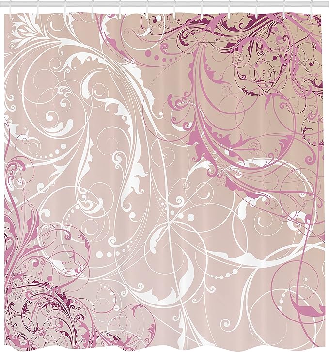 Ambesonne Floral Shower Curtain, Baroque Swirl Branches Curved Flower Leaves Shabby Form Nature Pattern, Cloth Fabric Bathroom Decor Set with Hooks, 69" W x 84" L, Eggshell Pink