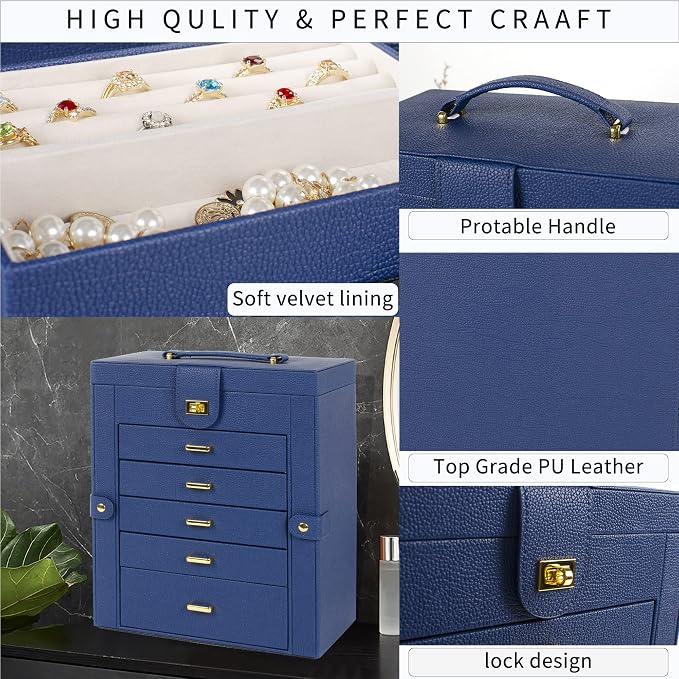 AKOZLIN 6-Tier Jewelry Box Organizer Functional 5 Drawers Leather Jewelry Storage Case for Women Girls Ring Necklace Earring Bracelet Holder Organizer with Mirror Blue Large