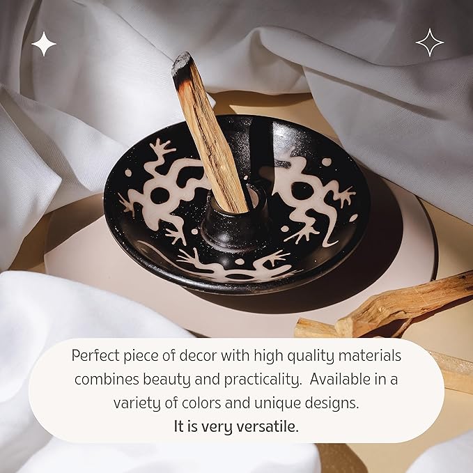 Palo Santo Holder with 5 Sticks - Luna Sundara Handmade Ceramic Incense Burner - Black & White Lizard Chulucanas Pottery from Peru - Smudge Bowl for Sage - Aromatherapy Gift Set