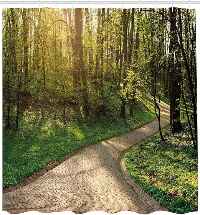 Ambesonne Outdoor Shower Curtain, Footpath Green City Park Sun Rays Freshness Hiking Forest Tranquil Botany, Cloth Fabric Bathroom Decor Set with Hooks, 69" W x 75" L, Green Beige Yellow