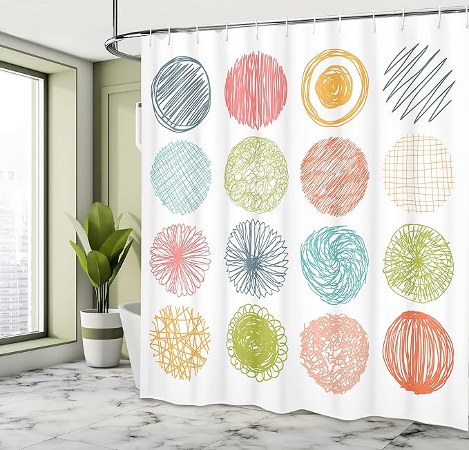 Ambesonne Colorful Shower Curtain, Doodle Style Scribble Composition Circles Stripes Joyful Illustration, Cloth Fabric Bathroom Decor Set with Hooks, 69" W x 75" L, Orange Coral