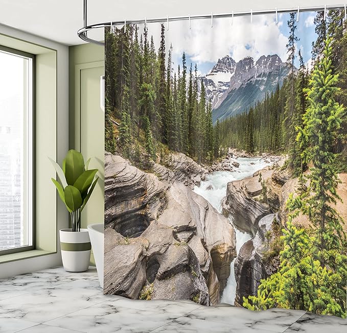 Ambesonne Landscape Shower Curtain, River Float Between Rocks in Forest Northern Recreation Camping Rafting Woods, Cloth Fabric Bathroom Decor Set with Hooks, 69" W x 75" L, Green White