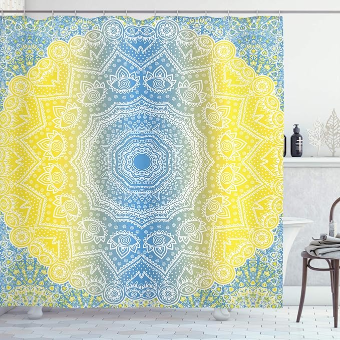 Ambesonne Blue and Yellow Shower Curtain, Ombre Mandala Design Tribal Chinese Esoteric Pattern Mystic Universe Print, Cloth Fabric Bathroom Decor Set with Hooks, 69" W x 70" L, Blue Yellow