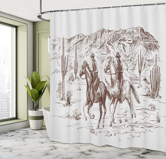 Ambesonne Western Shower Curtain, Country Theme Hand Drawn Illustration of American Wild West Desert with Cowboys, Cloth Fabric Bathroom Decor Set with Hooks, 69" W x 75" L, Umber Pearl