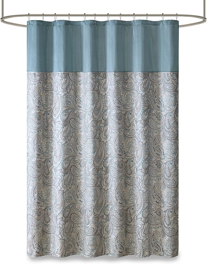 Madison Park Aubrey Shower Curtain Paisley Jacquard Pieced Microfiber Faux Silk Modern Home Bathroom Decorations Bathtub Privacy Screen, Decorative Bathroom, 72" x 72", Teal