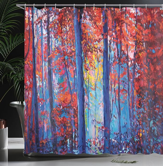 Ambesonne Forest Shower Curtain, Oil Painting View Autumn Forest Modern Impressionism Artwork Print, Cloth Fabric Bathroom Decor Set with Hooks, 69" W x 75" L, Scarlet Blue