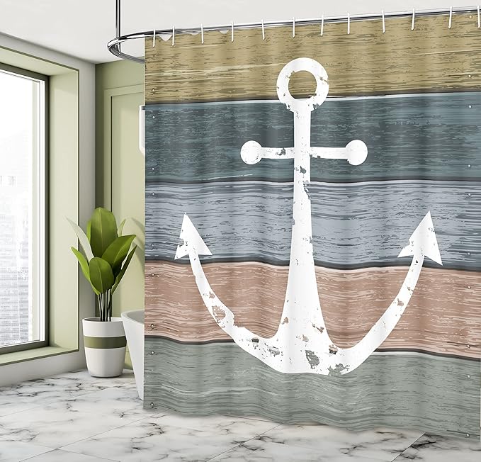 Ambesonne Anchor Shower Curtain, Timeworn Marine Pattern and Grunge Weathered Wooden Planks Rustic Style Nautical, Cloth Fabric Bathroom Decor Set with Hooks, 69" W x 70" L, Khaki Teal