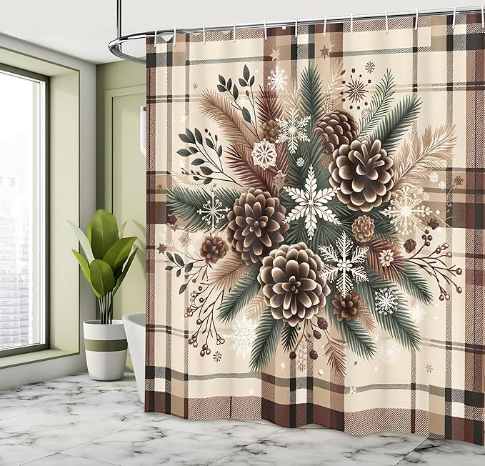 Ambesonne Christmas Shower Curtain, Traditional Xmas Pinecone and Leaves Ornate on Plaid Background Print, Cloth Fabric Bathroom Decor Set with Hooks, 69" W x 75" L, Cocoa Brown Sage Green