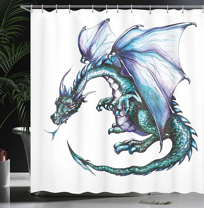 Ambesonne Dragon Shower Curtain, Epic Beast Dragon Created with Vibrant Gradient Colored Graphic Devil Image, Cloth Fabric Bathroom Decor Set with Hooks, 69" W x 75" L, Purple Teal