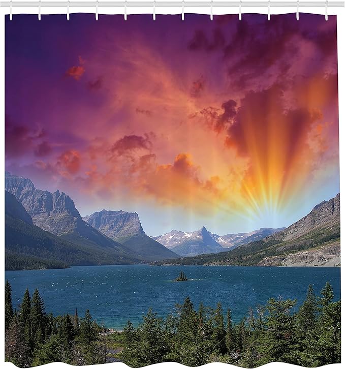 Ambesonne Yosemite Shower Curtain, Dramatic Colorful Sky Over Yosemite National Parks Mountain Lake View Picture, Cloth Fabric Bathroom Decor Set with Hooks, 69" W x 70" L, Purple