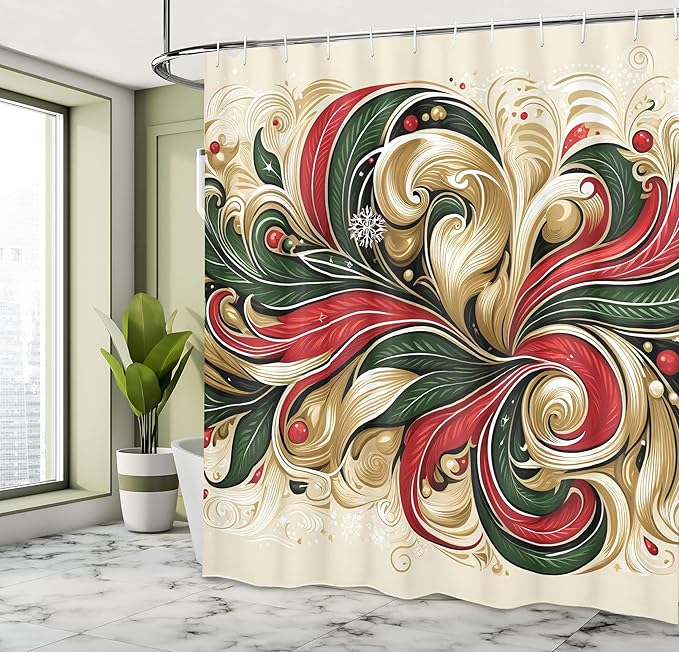 Ambesonne Christmas Shower Curtain, Classic Xmas Curlicue Leaves with Dots and Snowflake Victorian Aura, Cloth Fabric Bathroom Decor Set with Hooks, 69" W x 84" L, Khaki Dark Pink Green
