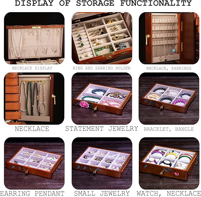 Hand-Painted Wooden Jewelry Box,jewelry boxes for women，jewlrey box&organizers with necklace hanger,jewerly organizer,10-layer large capacity jewelry storage box for jewelry