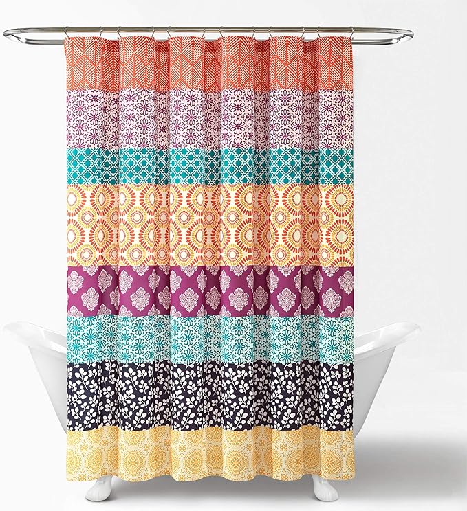 Lush Decor Bohemian Stripe Shower Curtain, 72" W x 72" L, Fuchsia & Orange - Bathroom Curtain - Striped Shower Curtain - Boho Decor - Fabric Shower Curtains