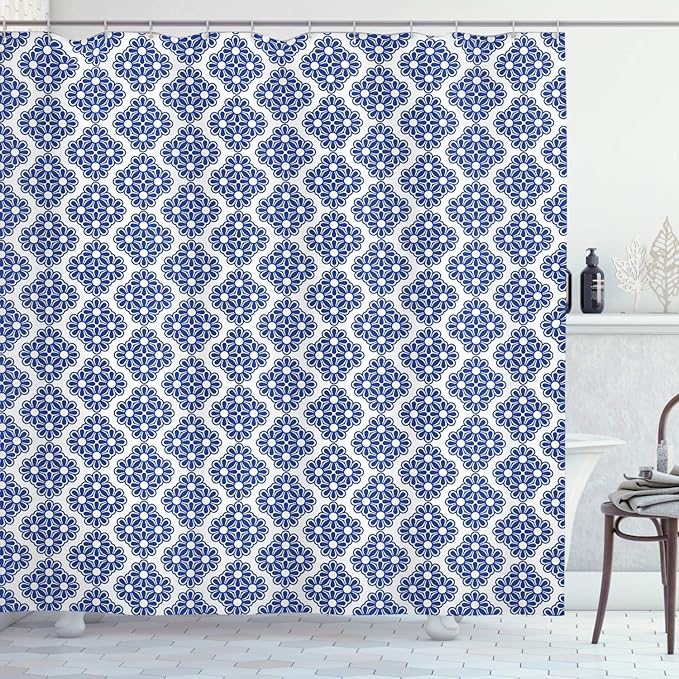 Ambesonne Moroccan Shower Curtain, Turkish Ottoman Mosaic Tiles with Floral Leaves Details Print, Cloth Fabric Bathroom Decor Set with Hooks, 69" W x 75" L, Turquoise Blue