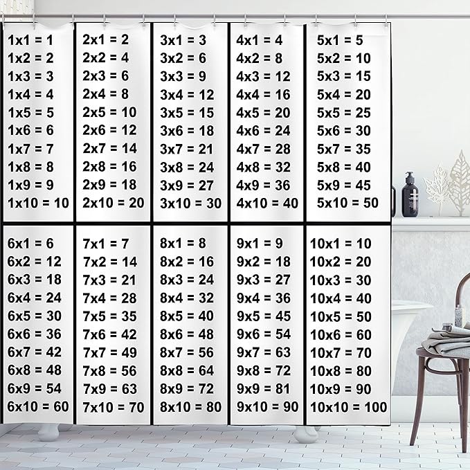Ambesonne Mathematics Room Shower Curtain, Calculation Table of Multiplication Algebra Study Chart Count, Cloth Fabric Bathroom Decor Set with Hooks, 69" W x 70" L, White Black