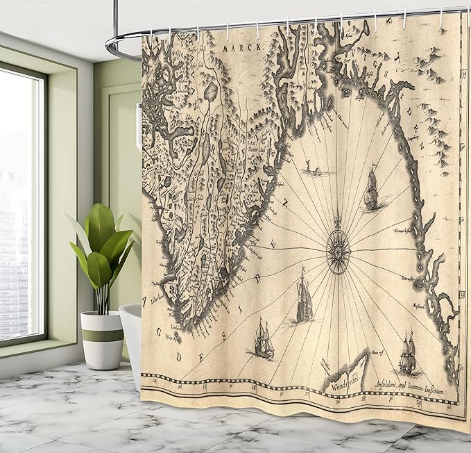 Ambesonne World Map Shower Curtain, Map of Southern Part of The Norway Vikings World Old Scandinavian Land, Cloth Fabric Bathroom Decor Set with Hooks, 69" W x 75" L, Cream Grey