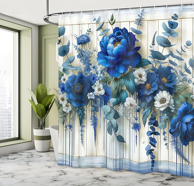 Ambesonne Blue Shower Curtain, Peony Daisy and Wild Flowers with Eucalyptus Branches on Rustic Backdrop, Cloth Fabric Bathroom Decor Set with Hooks, 69" W x 75" L, Teal and Dark Turquoise