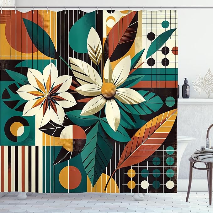 Ambesonne Mid Century Modern Shower Curtain, Retro Flowers Paint with Vertical and Horizontal Lines, Cloth Fabric Bathroom Decor Set with Hooks, 69" W x 84" L, Amber Jade Green Eggshell