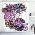Ambesonne Gothic Shower Curtain, Day of Dead Illustration with Sugar Skull Girl in Flower Wreath, Cloth Fabric Bathroom Decor Set with Hooks, 69" W x 75" L, Purple Blue