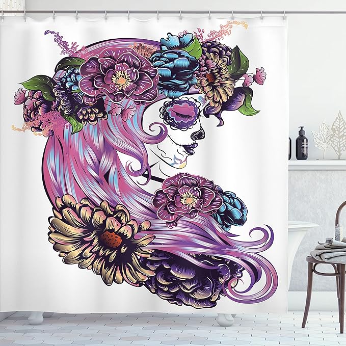 Ambesonne Gothic Shower Curtain, Day of Dead Illustration with Sugar Skull Girl in Flower Wreath, Cloth Fabric Bathroom Decor Set with Hooks, 69" W x 75" L, Purple Blue