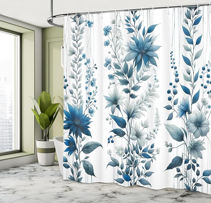 Ambesonne Blue Shower Curtain, Flowers Berry Branches and Leaves as Vertical Lines Cold Colored Garden, Cloth Fabric Bathroom Decor Set with Hooks, 69" W x 84" L, Slate Blue and Sea Blue