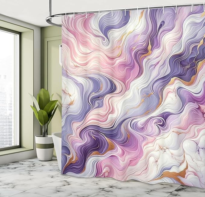 Ambesonne Purple Shower Curtain, Delicate Swirling Lines of Marble Print with Modern Fantasy Colors, Cloth Fabric Bathroom Decor Set with Hooks, 69" W x 75" L, Blush Indigo and Sand Brown